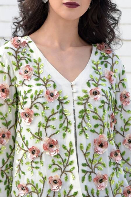 Shop_Talking Threads_White Pure Silk Chiffon Embroidered Jacket  _Online_at_Aza_Fashions