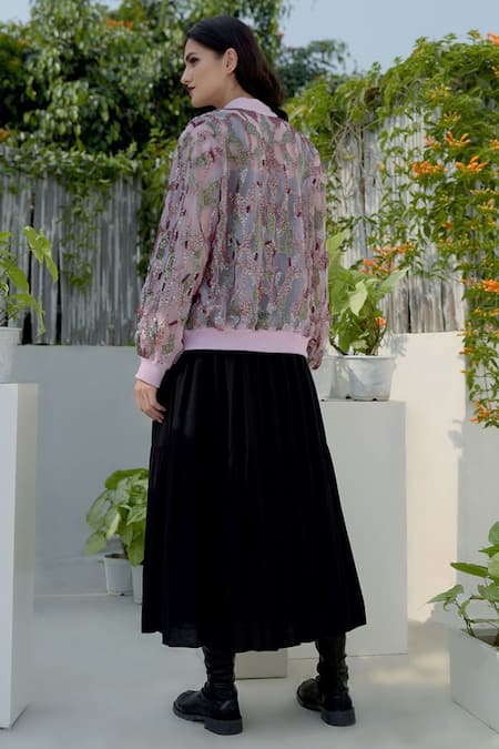 Shop Talking Threads Pink Silk Organza Embroidered Bomber Jacket at Aza Fashions Shop_Talking Threads_Pink Silk Organza Embroidered Bomber Jacket _at_Aza_Fashions