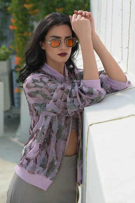 Talking Threads Pink Silk Organza Embroidered Bomber Jacket Online at Aza Fashions Talking Threads_Pink Silk Organza Embroidered Bomber Jacket _Online_at_Aza_Fashions