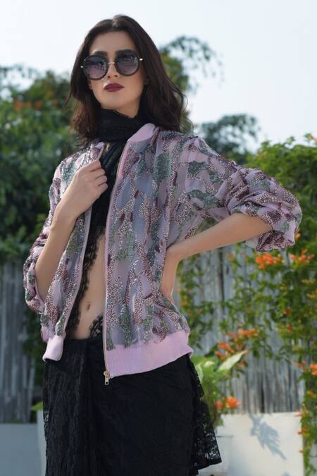 Buy Talking Threads Pink Silk Organza Embroidered Bomber Jacket Online at Aza Fashions Buy_Talking Threads_Pink Silk Organza Embroidered Bomber Jacket _Online_at_Aza_Fashions