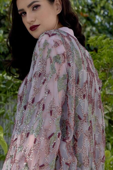 Talking Threads Pink Silk Organza Embroidered Bomber Jacket at Aza Fashions Talking Threads_Pink Silk Organza Embroidered Bomber Jacket _at_Aza_Fashions