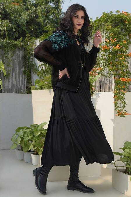 Shop Talking Threads Black Silk Organza Embroidered Bomber Jacket Online at Aza Fashions Shop_Talking Threads_Black Silk Organza Embroidered Bomber Jacket _Online_at_Aza_Fashions