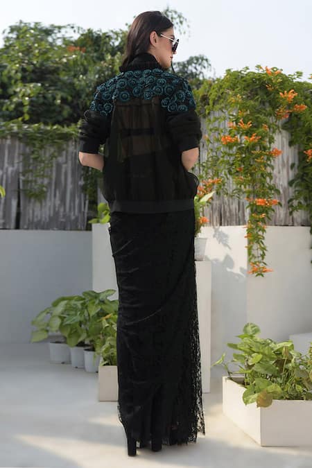 Shop Talking Threads Black Silk Organza Embroidered Bomber Jacket at Aza Fashions Shop_Talking Threads_Black Silk Organza Embroidered Bomber Jacket _at_Aza_Fashions