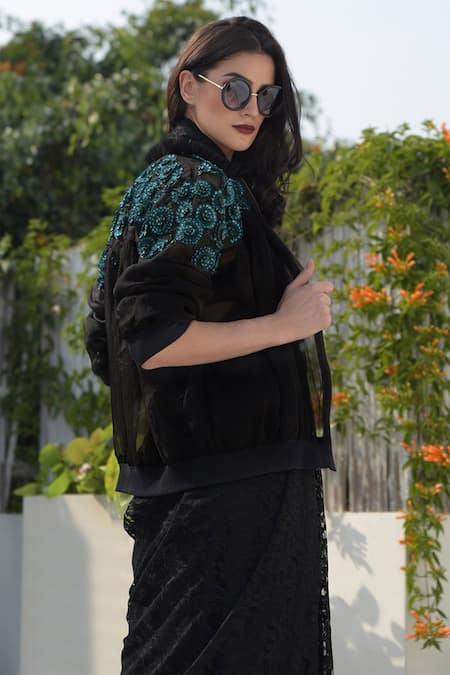 Talking Threads Black Silk Organza Embroidered Bomber Jacket Online at Aza Fashions Talking Threads_Black Silk Organza Embroidered Bomber Jacket _Online_at_Aza_Fashions