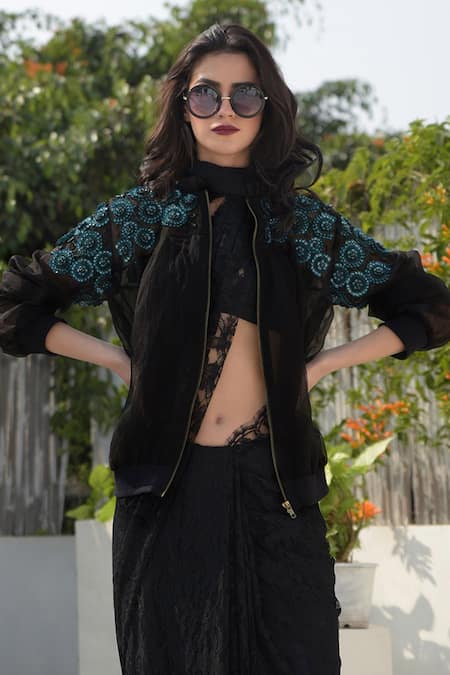 Buy Talking Threads Black Silk Organza Embroidered Bomber Jacket Online at Aza Fashions Buy_Talking Threads_Black Silk Organza Embroidered Bomber Jacket _Online_at_Aza_Fashions