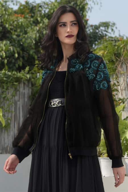Talking Threads Black Silk Organza Embroidered Bomber Jacket