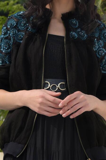 Talking Threads Black Silk Organza Embroidered Bomber Jacket at Aza Fashions Talking Threads_Black Silk Organza Embroidered Bomber Jacket _at_Aza_Fashions