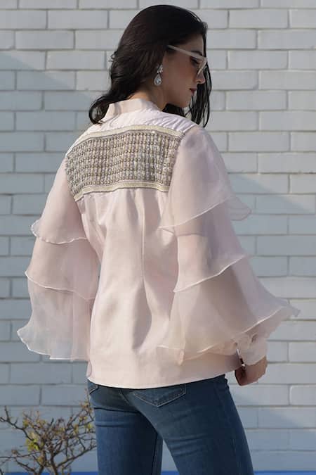 Shop Talking Threads Pink Silk Organza Embroidered Jacket at Aza Fashions Shop_Talking Threads_Pink Silk Organza Embroidered Jacket _at_Aza_Fashions