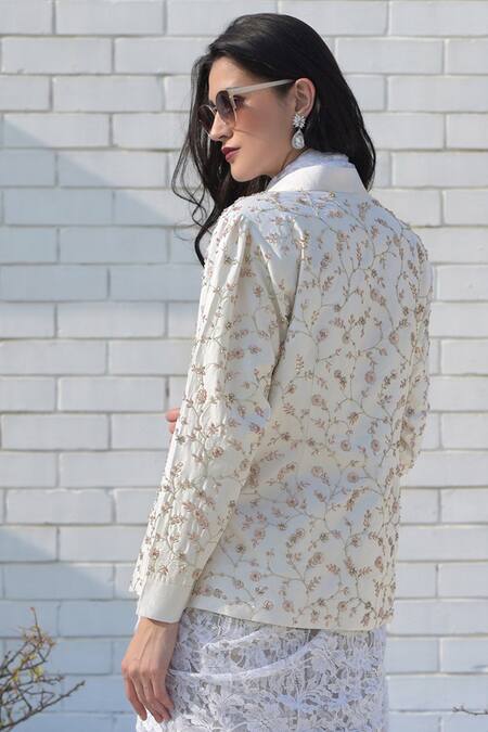 Shop Talking Threads White Silk Dupion Embroidered Jacket at Aza Fashions Shop_Talking Threads_White Silk Dupion Embroidered Jacket _at_Aza_Fashions