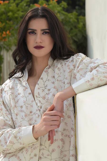 Talking Threads White Silk Dupion Embroidered Jacket Online at Aza Fashions Talking Threads_White Silk Dupion Embroidered Jacket _Online_at_Aza_Fashions