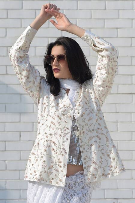 Buy Talking Threads White Silk Dupion Embroidered Jacket Online at Aza Fashions Buy_Talking Threads_White Silk Dupion Embroidered Jacket _Online_at_Aza_Fashions