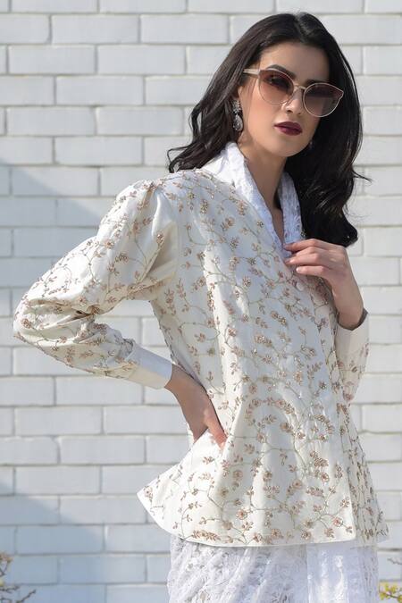 Shop Talking Threads White Silk Dupion Embroidered Jacket Online at Aza Fashions Shop_Talking Threads_White Silk Dupion Embroidered Jacket _Online_at_Aza_Fashions