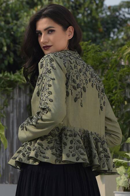 Shop Talking Threads Green Silk Dupion Embroidered Peplum Jacket at Aza Fashions Shop_Talking Threads_Green Silk Dupion Embroidered Peplum Jacket _at_Aza_Fashions