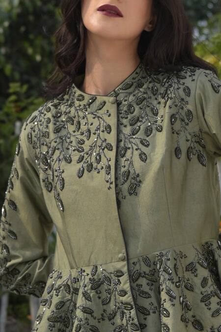 Shop Talking Threads Green Silk Dupion Embroidered Peplum Jacket Online at Aza Fashions Shop_Talking Threads_Green Silk Dupion Embroidered Peplum Jacket _Online_at_Aza_Fashions