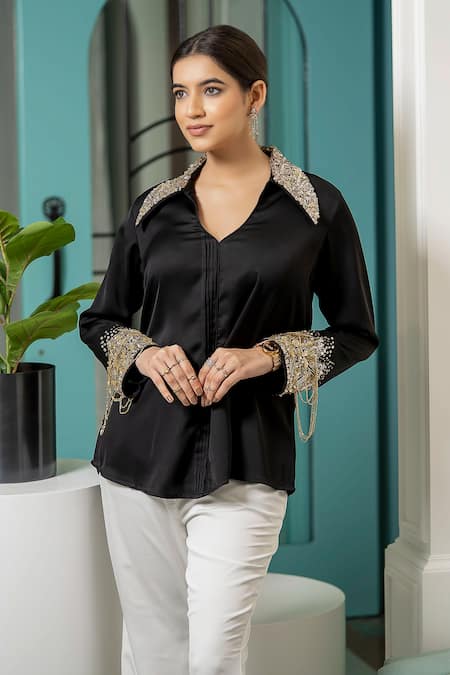 Tamaraa By Tahani Black Milano Satin Sequins Collared Neck Ellen Embellished Shirt And Pant Set at Aza Fashions Tamaraa By Tahani_Black Milano Satin Sequins Collared Neck Ellen Embellished Shirt And Pant Set _at_Aza_Fashions