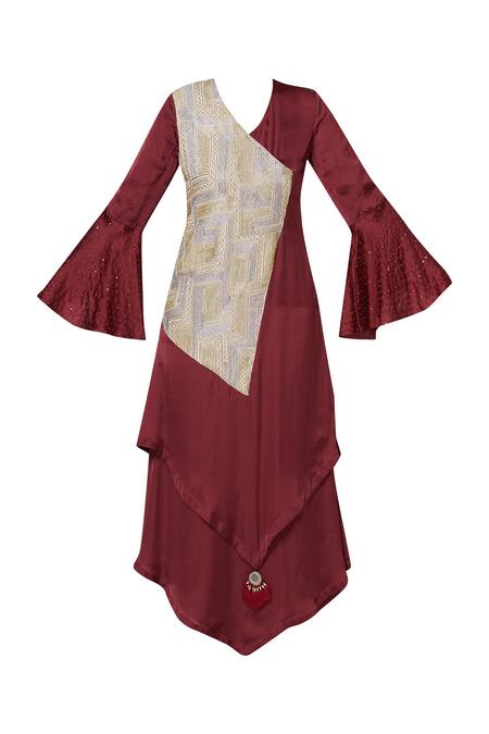 Buy Aariyana Couture Maroon Bamboo, Modal Sequins, Embroidery V-neck Overlap Asymmetric Dress Online at Aza Fashions Buy_Aariyana Couture_Maroon Bamboo, Modal Sequins, Embroidery V-neck Overlap Asymmetric Dress _Online_at_Aza_Fashions
