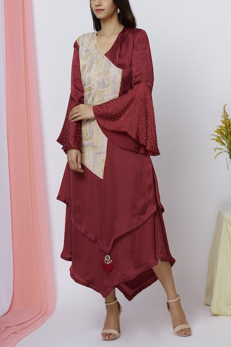 Aariyana Couture Maroon Bamboo, Modal Sequins, Embroidery V-neck Overlap Asymmetric Dress Online at Aza Fashions Aariyana Couture_Maroon Bamboo, Modal Sequins, Embroidery V-neck Overlap Asymmetric Dress _Online_at_Aza_Fashions
