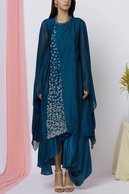 Aariyana Couture_Blue Georgette, Tussar Embroidery Round Neck Draped Tunic_Online_at_Aza_Fashions