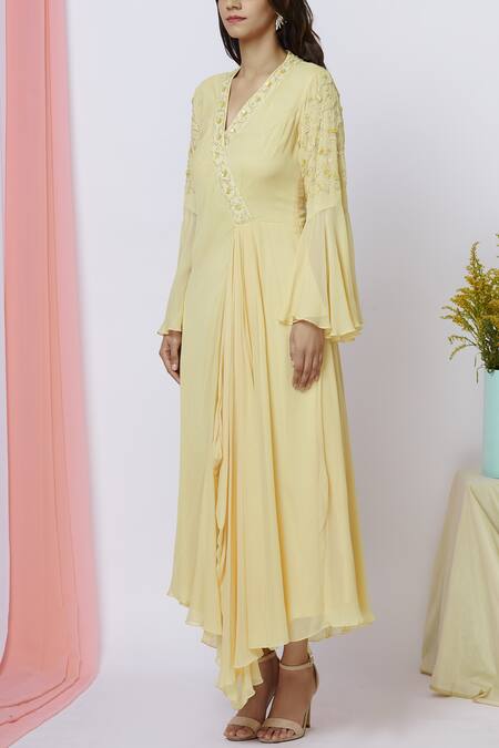 Aariyana Couture_Yellow Georgette Embroidery, Sequins V-neck Asymmetric Flared Tunic_Online_at_Aza_Fashions
