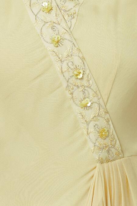 Shop_Aariyana Couture_Yellow Georgette Embroidery, Sequins V-neck Asymmetric Flared Tunic_Online_at_Aza_Fashions