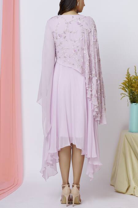 Shop_Ariyana By Aza_Purple Georgette Sequins Round Neck Asymmetric Dress With Cape _at_Aza_Fashions