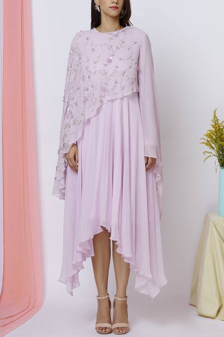 Ariyana By Aza_Purple Georgette Sequins Round Neck Asymmetric Dress With Cape _Online_at_Aza_Fashions