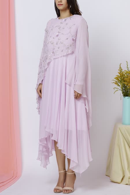 Buy_Ariyana By Aza_Purple Georgette Sequins Round Neck Asymmetric Dress With Cape _Online_at_Aza_Fashions