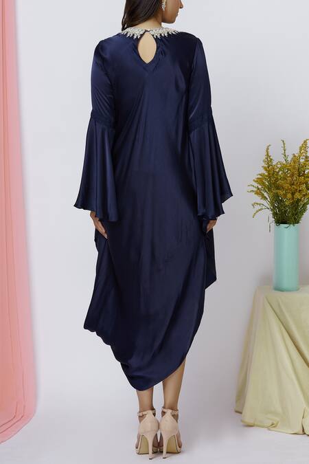 Shop Aariyana Couture Blue Modal, Satin Sequins Round Neck Draped Tunic at Aza Fashions Shop_Aariyana Couture_Blue Modal, Satin Sequins Round Neck Draped Tunic_at_Aza_Fashions