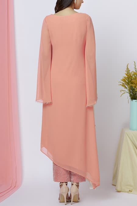 Shop_Ariyana By Aza_Cream Georgette Round Neck Embroidered Tunic _at_Aza_Fashions