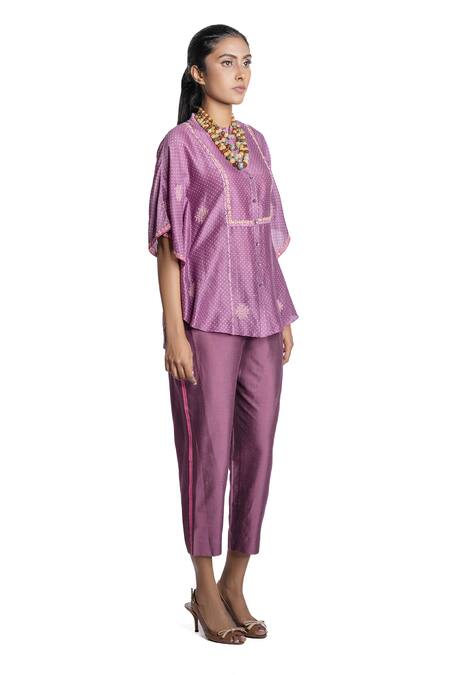 Krishna Mehta_Purple Tunic Chanderi And Pant Viscose Cotton Block Print & Thread Short & Set_Online_at_Aza_Fashions