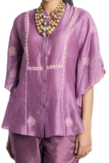 Buy_Krishna Mehta_Purple Tunic Chanderi And Pant Viscose Cotton Block Print & Thread Short & Set_Online_at_Aza_Fashions