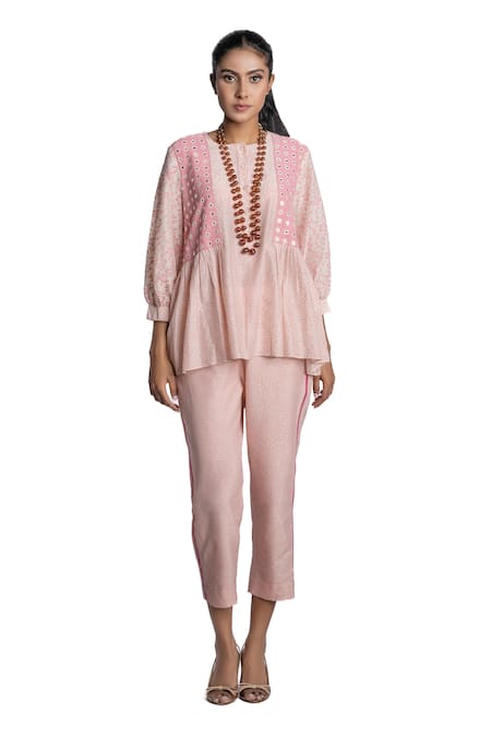 Krishna Mehta_Pink Tunic Chanderi And Pant Viscose Cotton Print & Short & Set _Online_at_Aza_Fashions