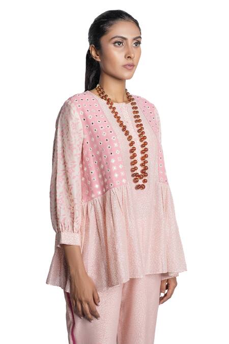 Buy_Krishna Mehta_Pink Tunic Chanderi And Pant Viscose Cotton Print & Short & Set _Online_at_Aza_Fashions