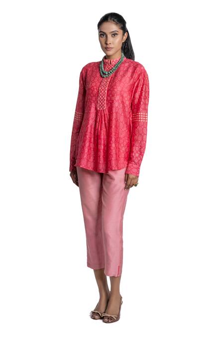 Krishna Mehta_Pink Tunic Chanderi And Pant Viscose Cotton Print & Short & Set _Online_at_Aza_Fashions