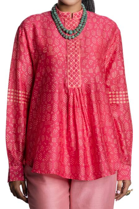 Buy_Krishna Mehta_Pink Tunic Chanderi And Pant Viscose Cotton Print & Short & Set _Online_at_Aza_Fashions