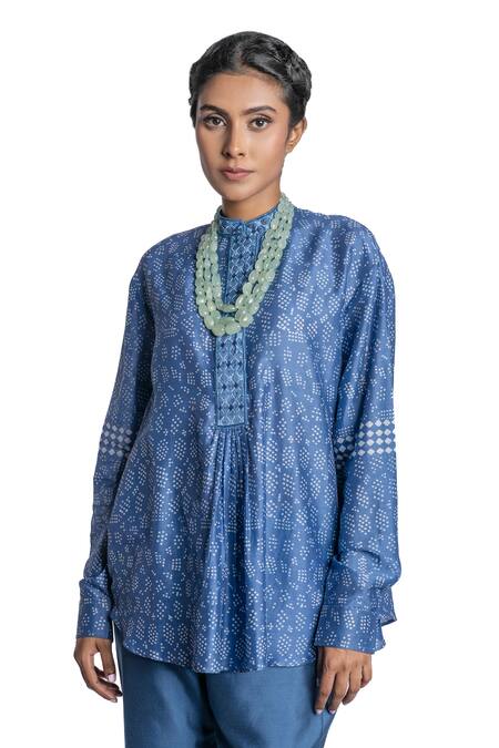 Krishna Mehta_Blue Tunic Chanderi And Pant Viscose Cotton Block Print, Mirror & Short & Set_Online_at_Aza_Fashions
