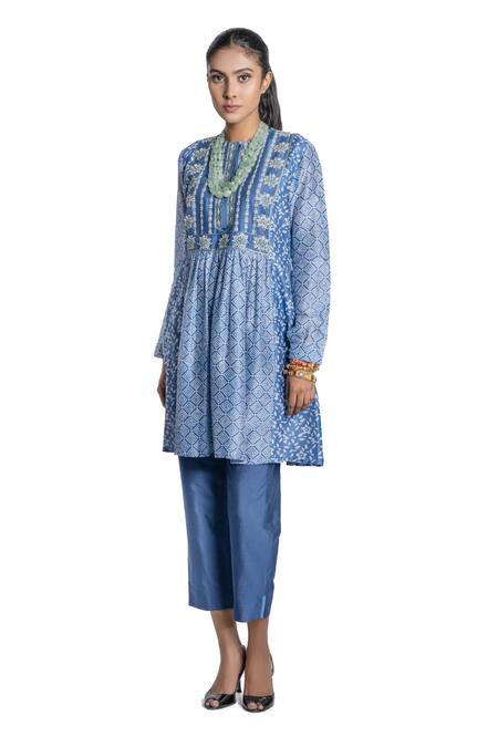 Buy_Krishna Mehta_Blue Kurta Chanderi And Pant Viscose Cotton Block Print & Thread Tunic & Set_Online_at_Aza_Fashions