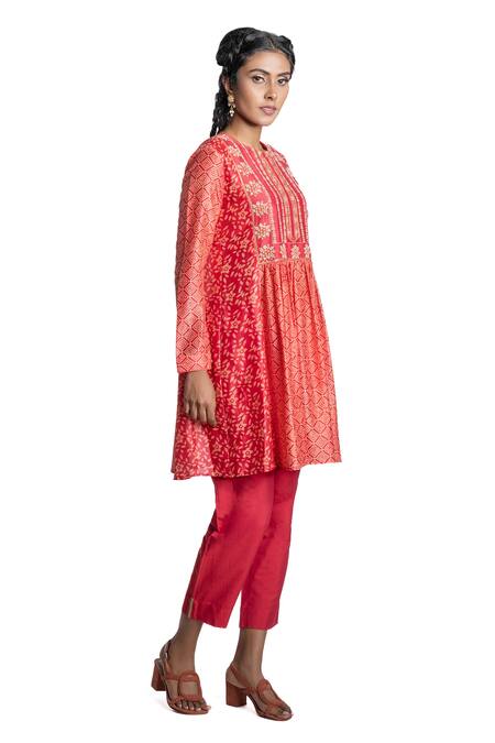 Krishna Mehta_Pink Kurta Chanderi And Pant Viscose Cotton Block Print & Thread Tunic & Set_Online_at_Aza_Fashions