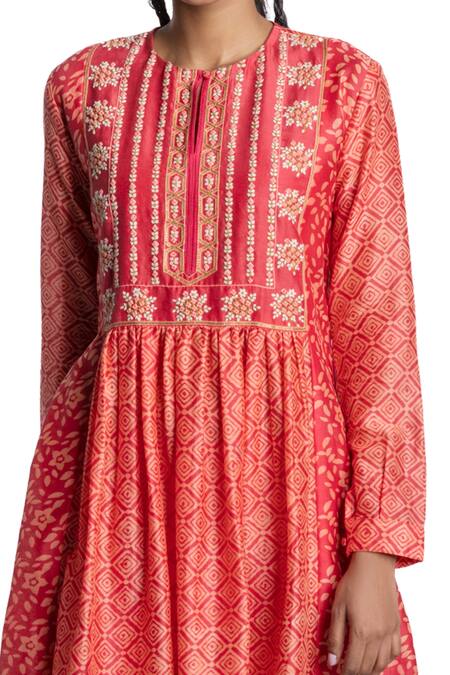 Buy_Krishna Mehta_Pink Kurta Chanderi And Pant Viscose Cotton Block Print & Thread Tunic & Set_Online_at_Aza_Fashions