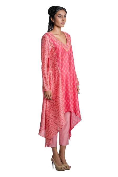 Krishna Mehta_Pink Tunic Chanderi And Pant Viscose Cotton Print & Asymmetric & Set _Online_at_Aza_Fashions