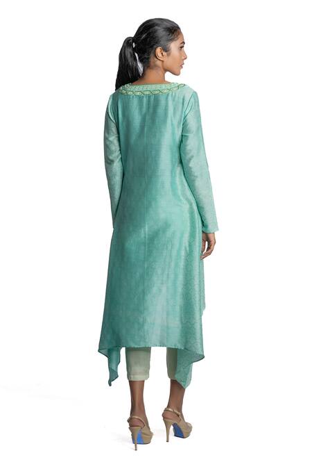 Shop Krishna Mehta Green Tunic Chanderi And Pant Viscose Cotton Print Asymmetric & Set at Aza Fashions Shop_Krishna Mehta_Green Tunic Chanderi And Pant Viscose Cotton Print Asymmetric & Set _at_Aza_Fashions