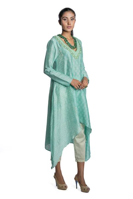 Krishna Mehta Green Tunic Chanderi And Pant Viscose Cotton Print Asymmetric & Set Online at Aza Fashions Krishna Mehta_Green Tunic Chanderi And Pant Viscose Cotton Print Asymmetric & Set _Online_at_Aza_Fashions