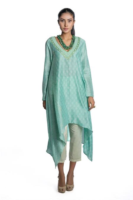 Buy Krishna Mehta Green Tunic Chanderi And Pant Viscose Cotton Print Asymmetric & Set Online at Aza Fashions Buy_Krishna Mehta_Green Tunic Chanderi And Pant Viscose Cotton Print Asymmetric & Set _Online_at_Aza_Fashions