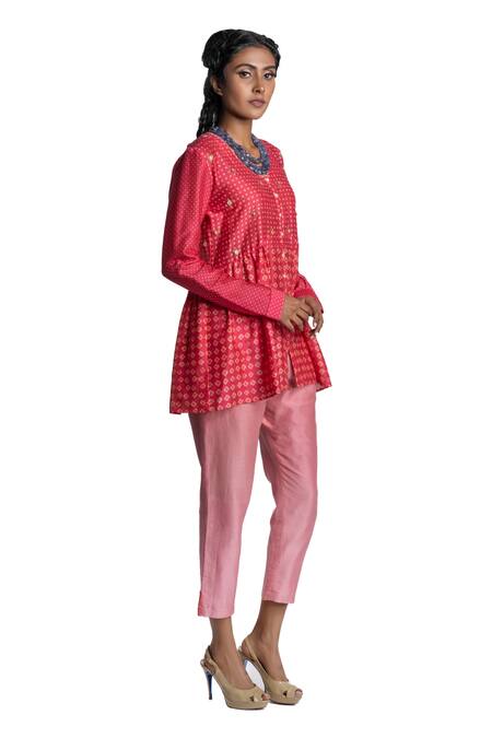 Shop_Krishna Mehta_Pink Tunic Chanderi And Pant Viscose Cotton Print & Short & Set _Online_at_Aza_Fashions
