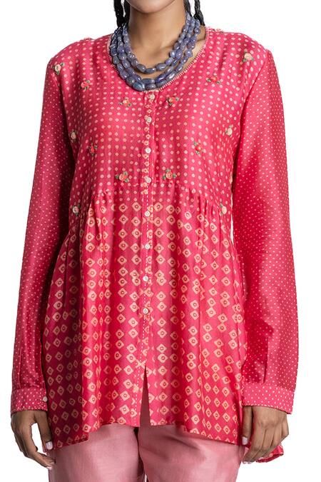 Krishna Mehta_Pink Tunic Chanderi And Pant Viscose Cotton Print & Short & Set _at_Aza_Fashions