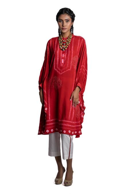 Krishna Mehta Red Kaftan Chanderi And Pant Viscose Cotton Embroidery Tie Dye & Set