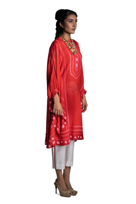 Krishna Mehta_Red Kaftan Chanderi And Pant Viscose Cotton Embroidery Tie Dye & Set _Online_at_Aza_Fashions
