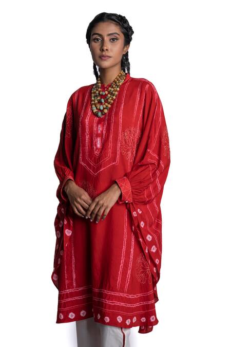 Buy_Krishna Mehta_Red Kaftan Chanderi And Pant Viscose Cotton Embroidery Tie Dye & Set _Online_at_Aza_Fashions