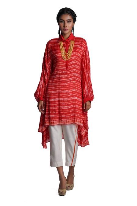 Krishna Mehta Red Kaftan Chanderi And Pant Viscose Cotton Tie Dye Spread Collar & Set