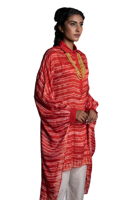 Buy_Krishna Mehta_Red Kaftan Chanderi And Pant Viscose Cotton Tie Dye Spread Collar & Set_Online_at_Aza_Fashions